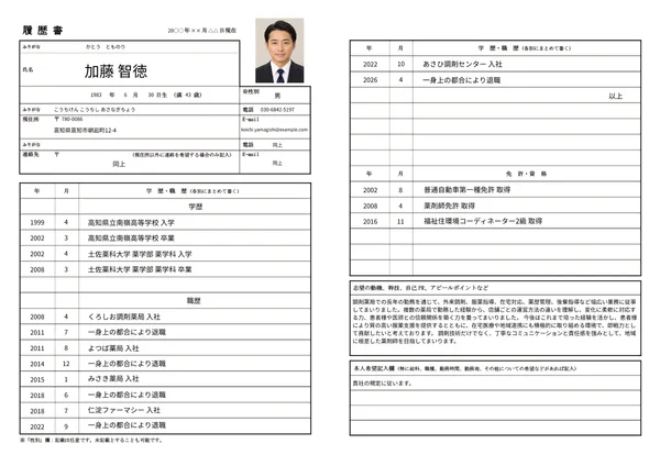 薬剤師の履歴書実例（40代・経験10年以上）