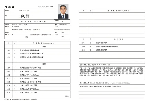 薬剤師の履歴書実例（50代・経験10年以上）1枚目