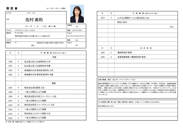 薬剤師の履歴書実例（50代・経験10年以上）1枚目