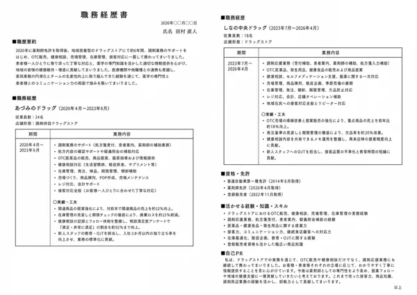 薬剤師の職務経歴書実例（20代・経験5〜10年）1枚目