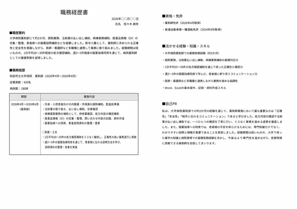 薬剤師の職務経歴書実例（20代・経験1年未満）1枚目