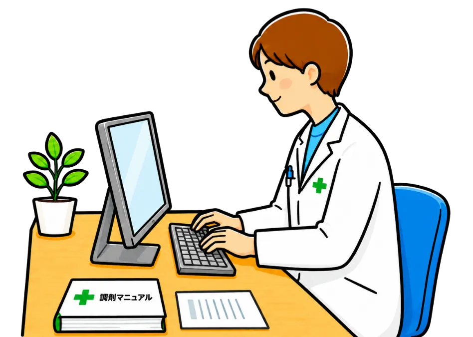 パソコンで書類を作成する薬剤師のイラスト